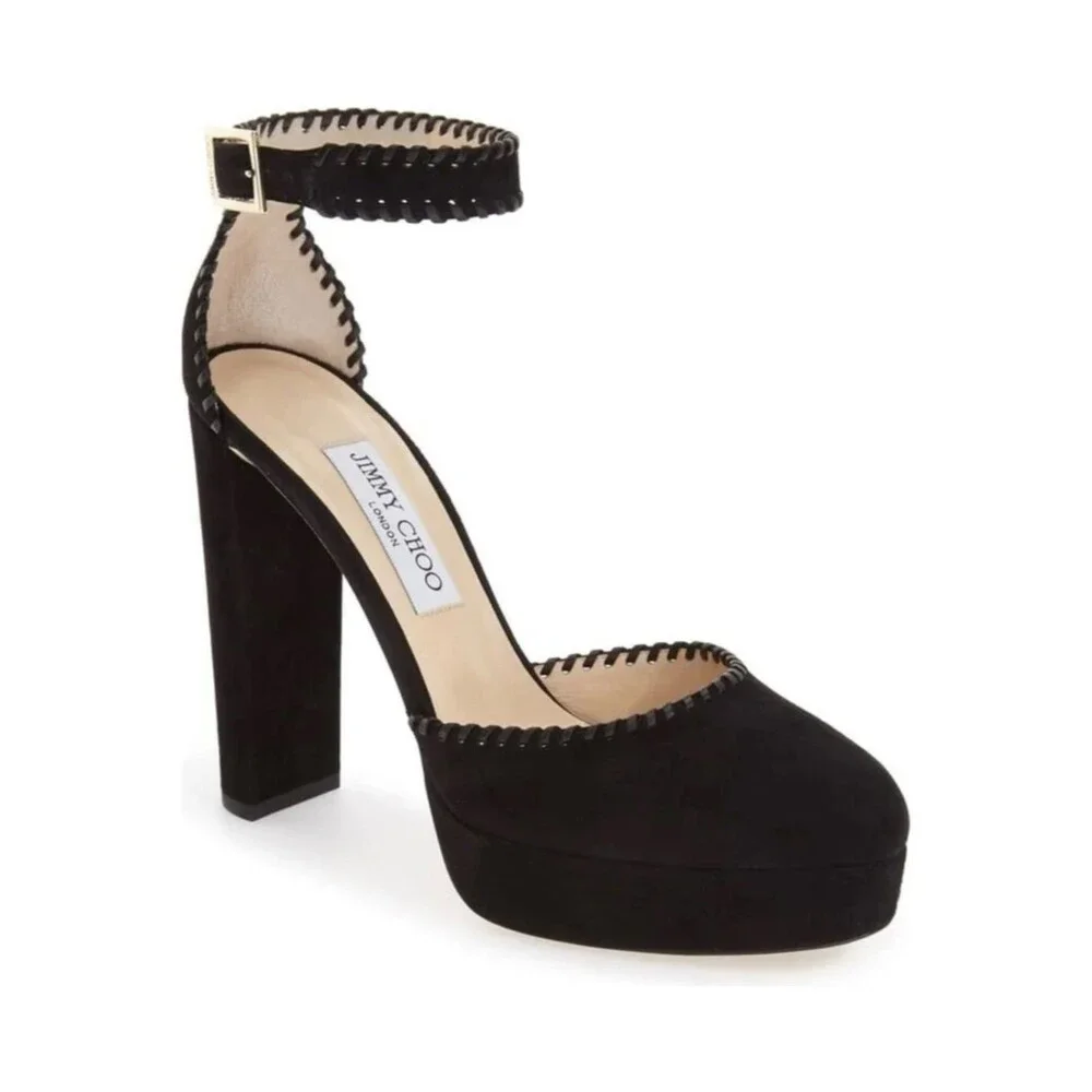 JIMMY CHOO Daphne 120 Pumps Black Whipstitch Suede Platform Heels 39.5